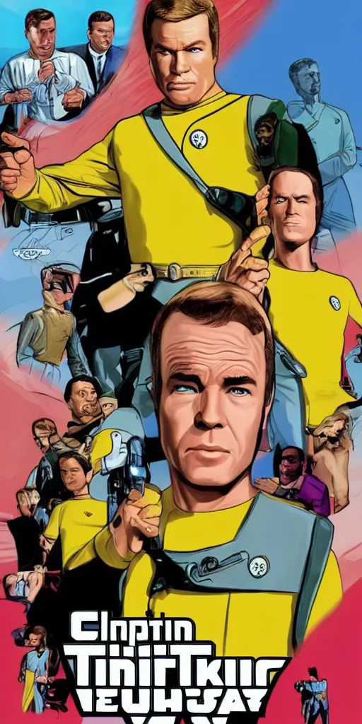 Prompt: captain kirk like a GTA poster