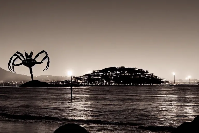 Image similar to giant crab attacking a california city, in 2 0 1 2, bathed in the the glow of the sunset, low - light photograph, photography by ansel adams