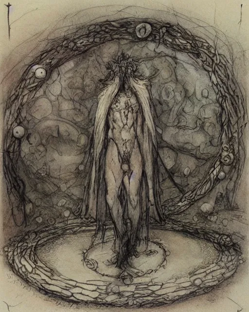 Image similar to a druid standing in a circle at the beginning of the world by brian froud