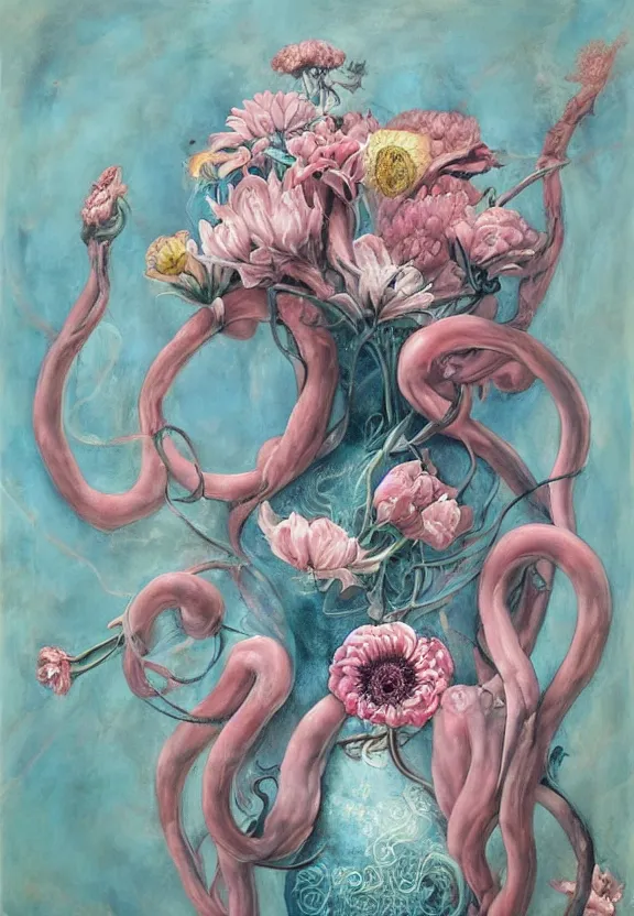 Image similar to a biomorphic painting of a vase with flowers and eyeballs in it, a surrealist painting by Marco Mazzoni, by Dorothea Tanning, pastel blues and pinks, featured on artstation, metaphysical painting, oil on canvas, fluid acrylic pour art, airbrush art, seapunk, rococo, lovecraftian