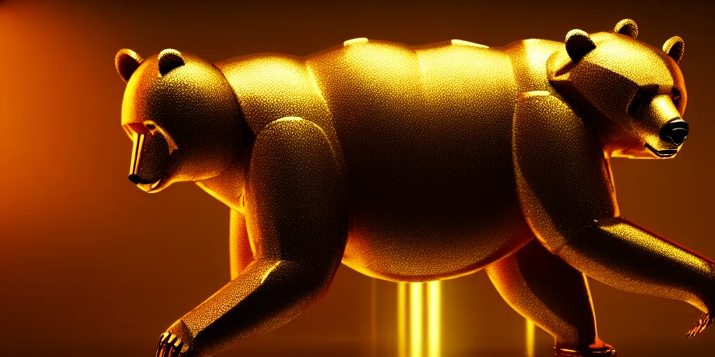 Image similar to film still of a mechanical bear made of gold in a marvel movie, science fiction industrial hard science concept art, 8K render octane high definition cgsociety, photorealistic, unreal engine 5