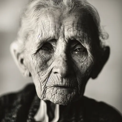 Prompt: portrait of a 130 year old woman, old, rugged, weathered, dramatic lighting