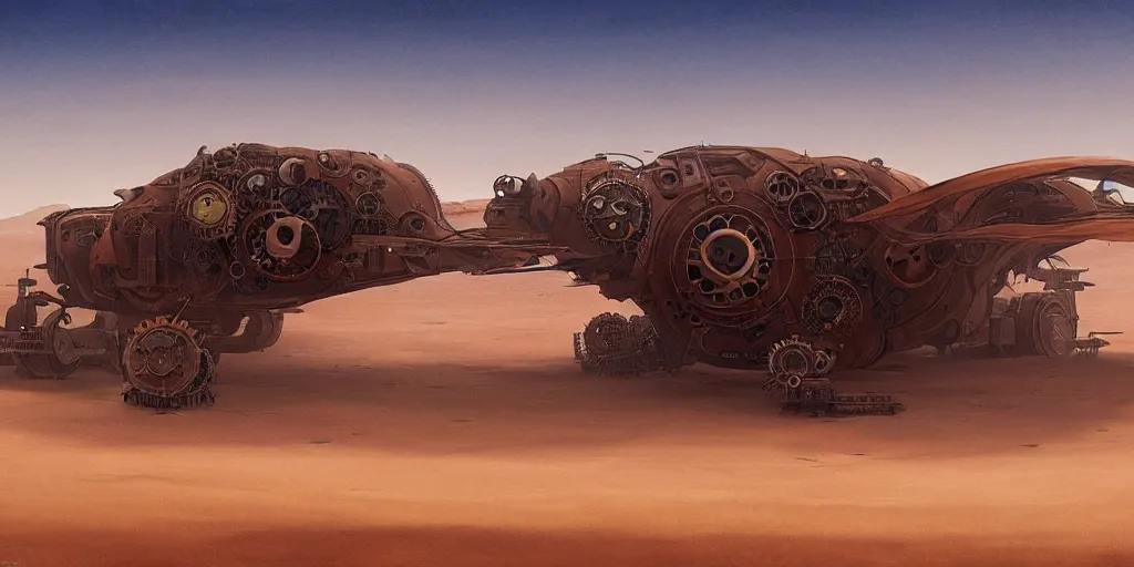 Image similar to steampunk hovercraft speeding across a red desert, greg rutkowski, 8 k, shallow depth of field, intricate detail, concept art,