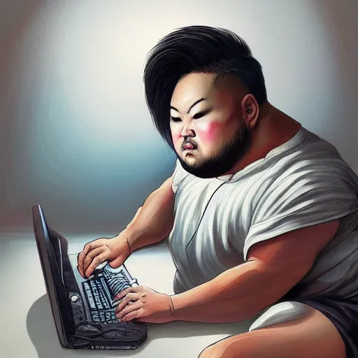 Image similar to an insanely detailed painting of a chubby asian man wearing a homemade superhero costumed, sitting at a computer desk typing on the keyboard, in the style of peter mohrbacher, dramatic lighting and composition, trending on artstation, concept art, comic book, graphic novel