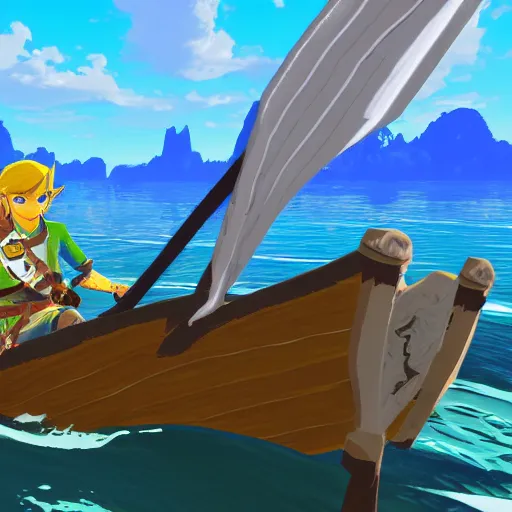 Prompt: link sailing in a boat past an island in the style of breath of the wild, cell shaded, very detailed, 4k,