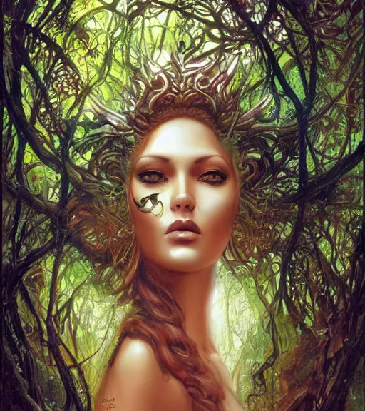 Prompt: ancient goddess, lush forest, digital art by karol bak