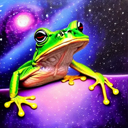 Prompt: the frog in the galactic nebular astral realm sacred journey in oil painting, trending on artstation, award winning, emotional, highly detailed surrealist art