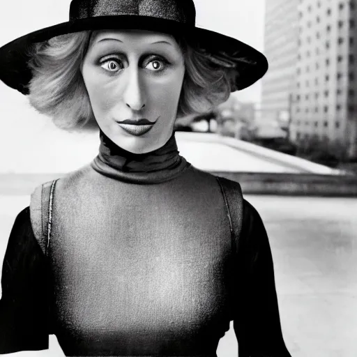 Image similar to Cindy Sherman photo movie stills big city Small hat black and white 35mm