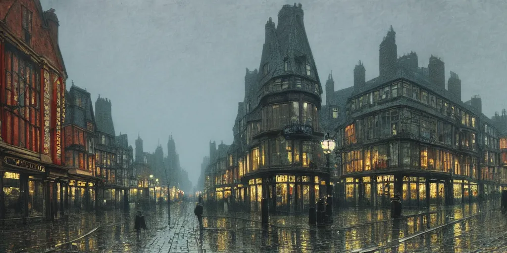 Image similar to Victorian city street lined with trees with front view of shops on a rainy day in London, evening, low angle view, detailed matte painting, cinematic, John Atkinson Grimshaw, Artstation