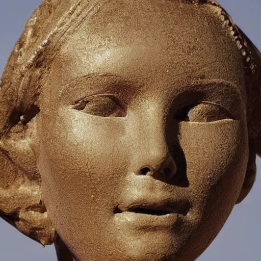 Image similar to an extremely ancient rusty iron bust of tuesday weld that is tarnished and covered in sediment from uncovered earth expedition, rare photograph, smithsonian,