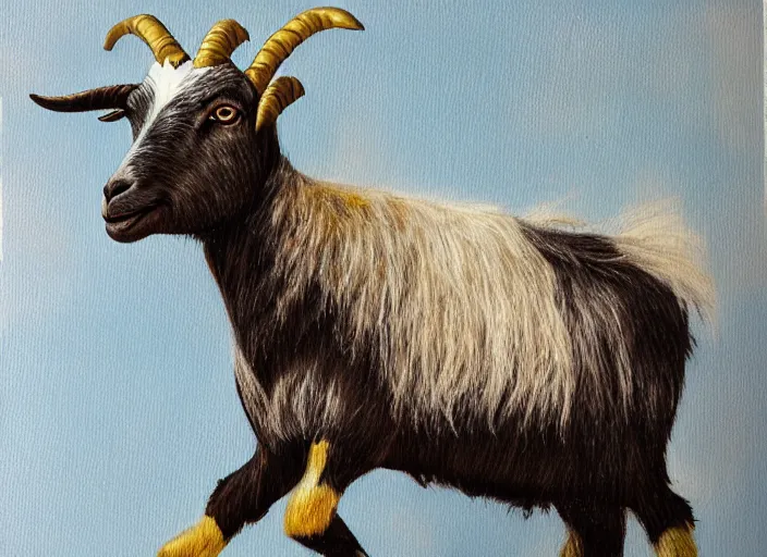 Image similar to a mixed media painting of a goat on roller blades, 4 k, ultra realistic, highly detailed, epic lighting