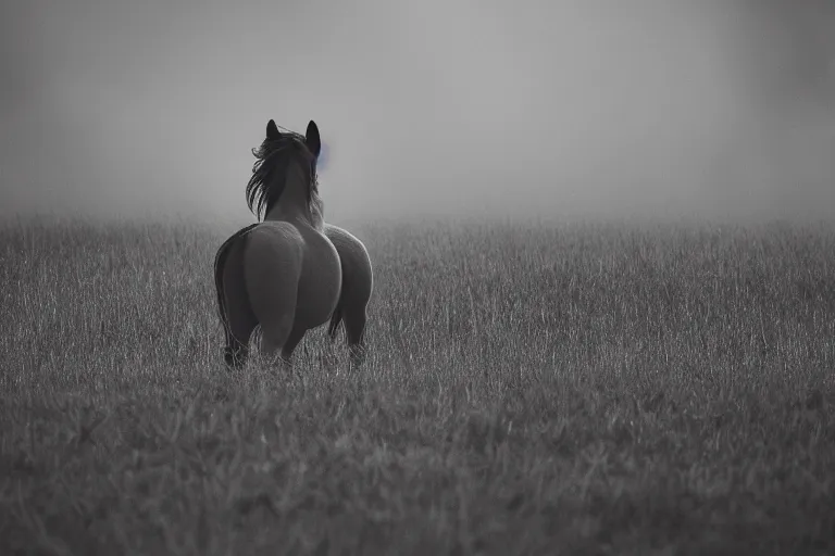 Prompt: Pinkie Pie equine sitting down, view from behind, pony facing away looking to the horizon, professional animal photography and mood lighting, flowing mane and tail, relaxed expression, fireflies, subtle fog, 4k