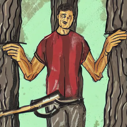 Prompt: man with huge drills as arms angrily drilling into trees with gaping holes, digital art