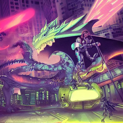 Image similar to futuristic knight fighting off a giant dragon in the middle of a cyberpunk neon city, wide - angle, photographed on colour expired film, detailed photograph