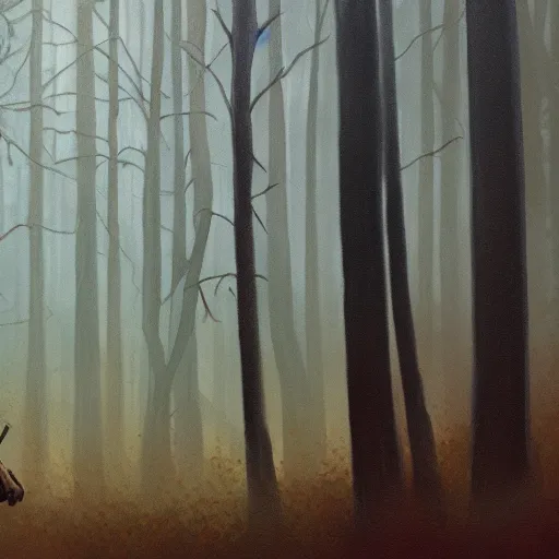 Image similar to A painting image of Jason Voorhees in the woods foggy very detail 4K quality super realistic