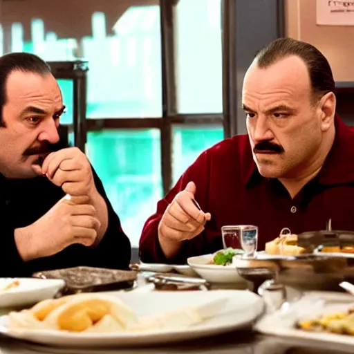 Image similar to tony soprano and walter white eating at a diner together, photorealistic, alone in the diner, having a good time, hyperrealistic, 8 k, ultra hd