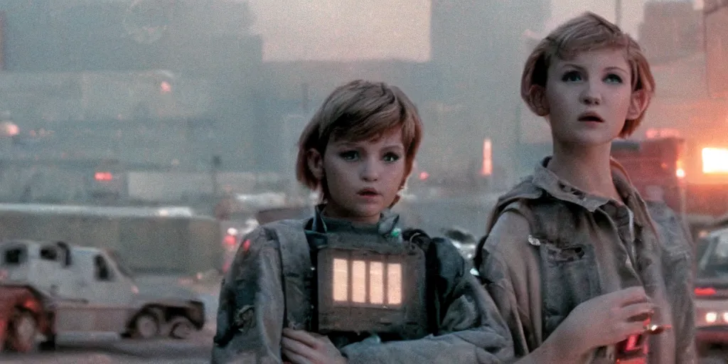 Image similar to at night, a white teenage girl with a pixie haircut in an oversized man's jacket clutches onto the back door of a giant truck as it drives towards the factory district : a still from a sci - fi dystopian cyberpunk film by steven spielberg from 1 9 8 0 s, shot on 3 5 mm film by janusz kaminski