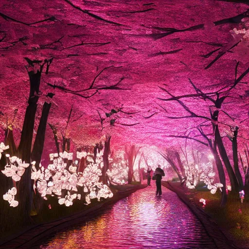 Image similar to photorealistic beautiful cherry blossom forest with paper lanterns illuminating the stone pathway. hyperdetailed photorealism, 1 0 8 megapixels, river, amazing depth, glowing rich colors, powerful imagery, psychedelic overtones, 3 d finalrender, 3 d shading, cinematic lighting, artstation concept art