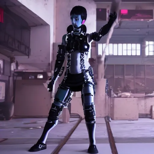 Image similar to a female cybernetic punk/martial-artists in a combat stance Photorealistic HD 8k highlights and shadow detailed High Resolution