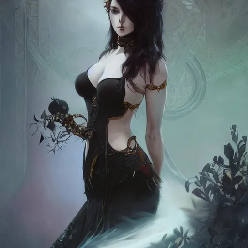 Image similar to a tall attractive goth girl, cute, intricate, highly detailed, digital painting, artstation, concept art, smooth, sharp focus, illustration, unreal engine 5, 8 k, art by artgerm and greg rutkowski and alphonse mucha