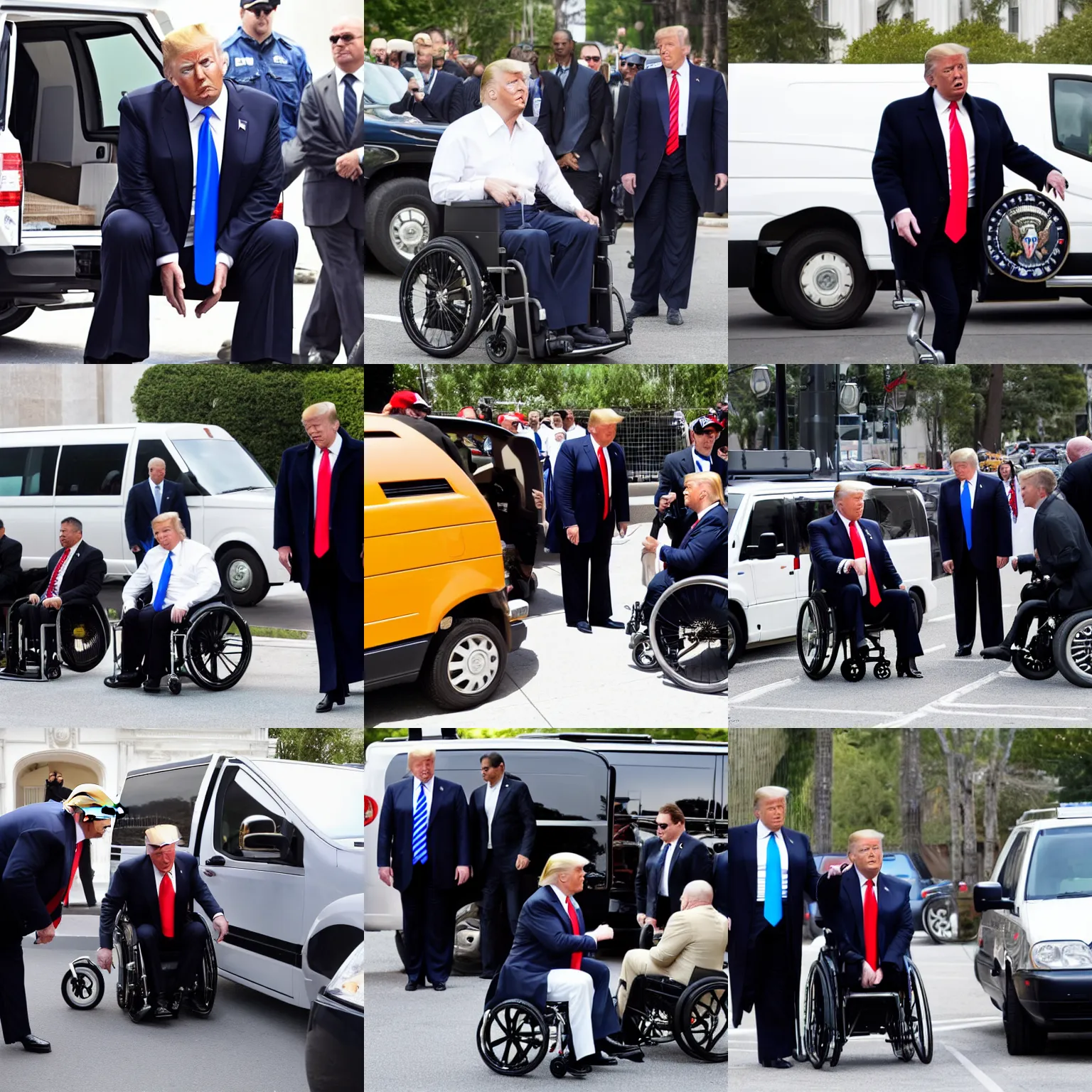 Prompt: donald trump in a wheelchair next to handicap van, surrounded by secret service agents, photograph, paparazzi, high resolution, high quality