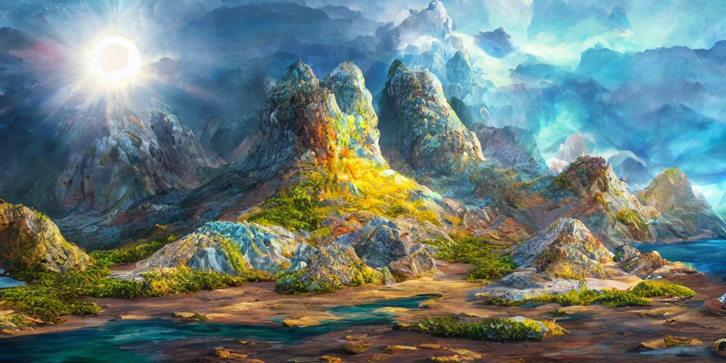 Prompt: salt covered islands surrounded by colourful rugged crystal quartz mountains, illustration, bright sunlight, sun glints, sunrays, digital art, hyperrealistic, oil painting, fantasy, 8 k, trending on artstation, detailed