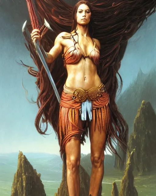 Image similar to beautiful female warrior, half body portrait, long flowing hair, standing in a fantasy environment, realistic oil painting by Thomas Cole and Wayne Barlowe