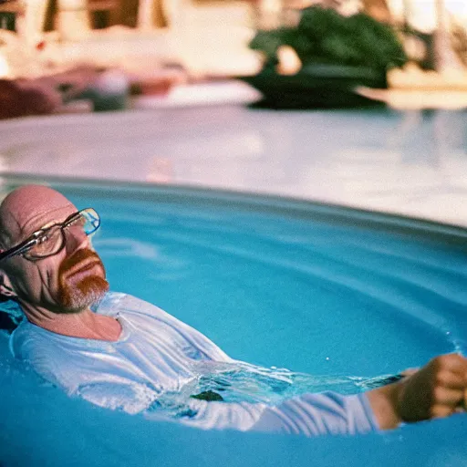 Prompt: photo of walter white relaxing in pool floater, cinestill, 8 0 0 t, 3 5 mm, full - hd