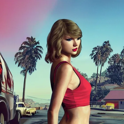 Prompt: Taylor Swift in GTA 5, cover art by Stephen Bliss