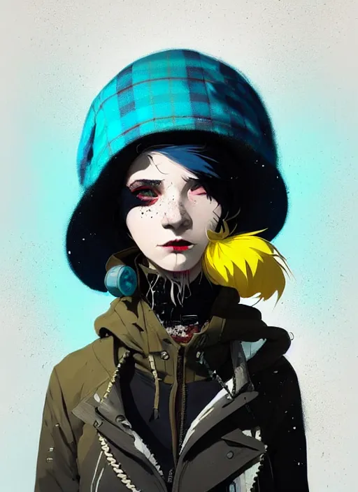 Image similar to highly detailed portrait of a sewer punk lady student, blue eyes, tartan hoody, hat, white hair by atey ghailan, by greg rutkowski, by greg tocchini, by james gilleard, by joe fenton, by kaethe butcher, gradient yellow, black, brown and cyan color scheme, grunge aesthetic!!! ( ( graffiti tag wall