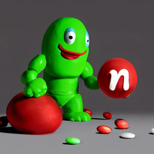 Image similar to eminem as the red m character standing on a floor coverd with m & m candies, round red m & m figure, m & m mascot, m & m figure, m & m plush, m & m candy dispenser, unreal engine, studio lighting, figurine, unreal engine, volumetric lighting, artstation, cosplay, by hans bellmer