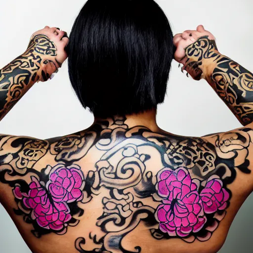 Image similar to photography of the back of a woman with a black detailed irezumi tatto representing a big gold tiger with pink flowers on her entire back, dark hangar background, mid-shot, editorial photography