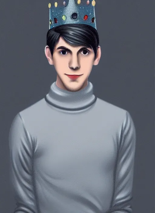 Image similar to portrait of teenage jughead jones wearing a light grey crown, crown, blue turtleneck, 1 9 5 0 s, closed eyes, photorealistic, black hair, glowing lighting, intricate, elegant, glowing lights, highly detailed, digital painting, artstation, concept art, smooth, sharp focus, illustration, art by wlop, mars ravelo and greg rutkowski