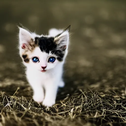 Prompt: curly haired kitten, Canon EOS R3, f/1.4, ISO 200, 1/160s, 8K, RAW, unedited, symmetrical balance, in-frame