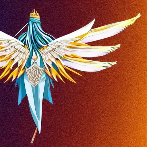 Image similar to medieval weapon, long spear with feathered wings on the tip, prismatic, multi colored feathers, anime style, white background, full body shot