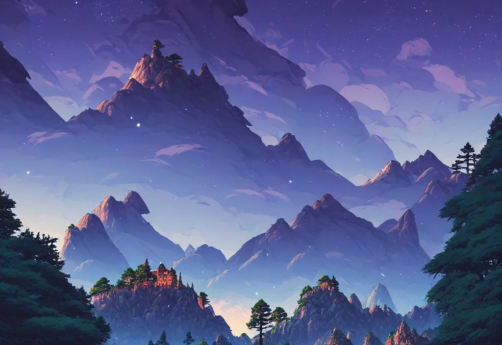 Image similar to mountains background with pines at night, rocks, trees, castle, night sky, intricate oil painting, high detail illustration, sharp high detail, manga and anime 1 9 9 9, official fanart behance hd artstation by jesper ejsing and makoto shinkai, 4 k,