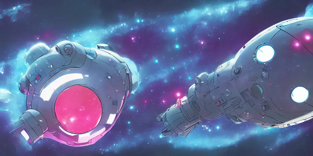Prompt: Tardigrade shaped space ship in space, Hyper detailed, Anime, Gurren Lagan, Neon, Grey, Space, Nebula, Galaxy, 4k, Illustration