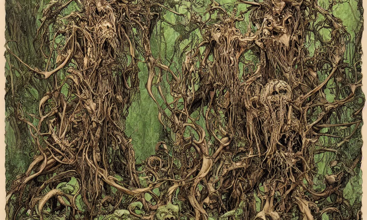 Image similar to hyperdetailed art nouveau portrait of treebeard and swamp thing as a cthulhu eyeball moose skull wendigo swamp thing creatures, by michael kaluta, pushead and bill sienkiewicz, photorealism, claws, skeleton, antlers, fangs, forest, wild, bizarre, scary, lynn varley, lovern kindzierski, steve oliff