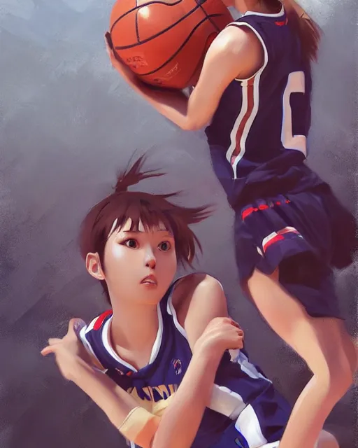 Image similar to A ultradetailed beautiful panting of a stylish girl dunking a basketball, Oil painting, by Ilya Kuvshinov, Greg Rutkowski and Makoto Shinkai