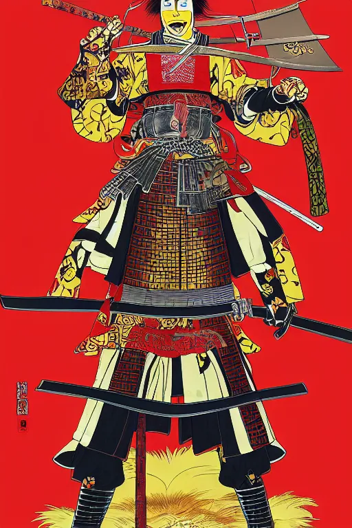 Image similar to poster of ronald mcdonald as a samurai, wearing sengoku - era shogunate armor and helmet, by yoichi hatakenaka, masamune shirow, josan gonzales and dan mumford, ayami kojima, takato yamamoto, barclay shaw, karol bak, yukito kishiro