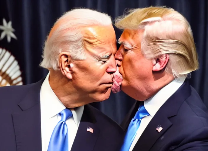 Prompt: a detailed photo of joe biden and donald trump kissing, 8 k