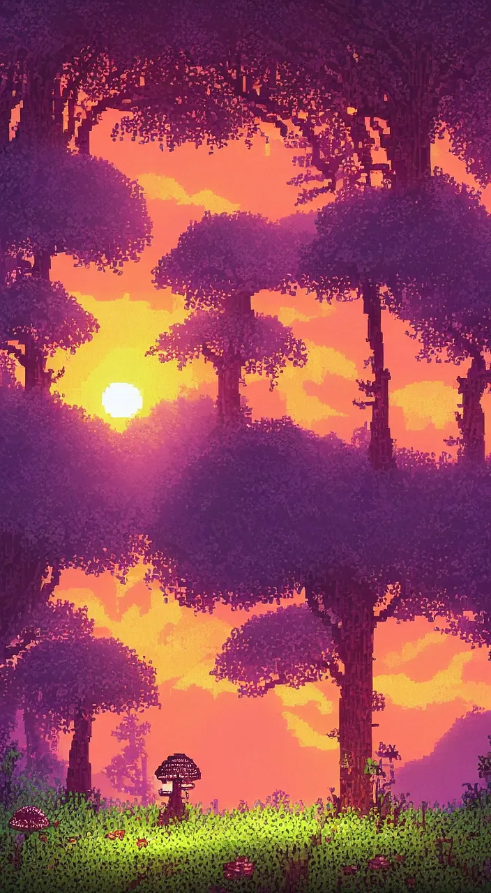 Prompt: a dreamy sunset in the forest with mushrooms in pixelart style, highly detailed