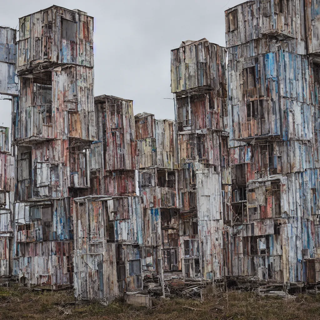 Prompt: three towers, made up of makeshift squatter shacks with faded colours, large vertical blank spaces, dystopia, sony a 7 r 3, f 1 1, fully frontal view, photographed by jeanette hagglund