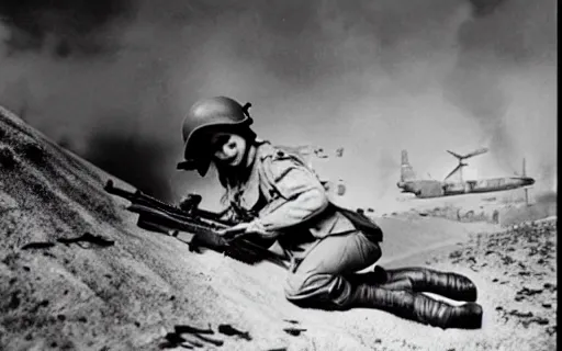 Prompt: photo of Ariana Grande in World War Two, photorealism, combat and adventure photography, by Robert Capa