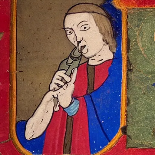 Image similar to photograph of a medieval painting of tom scott choking on a vape