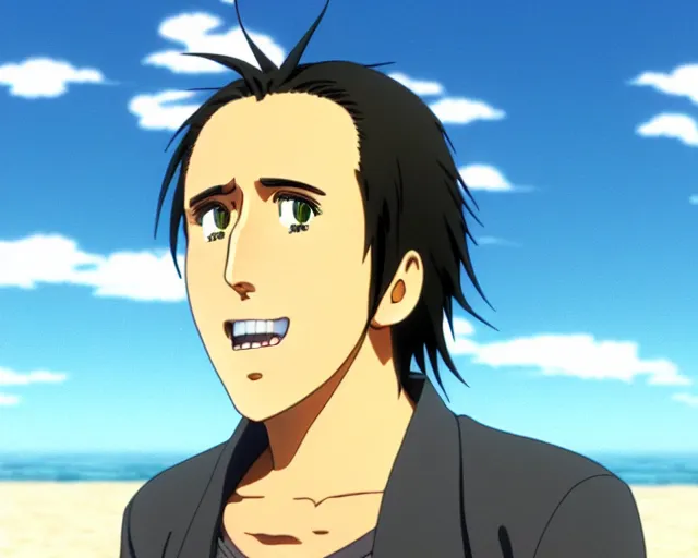 Prompt: anime fine details portrait of joyful Nicolas Cage at beach anime masterpiece by Studio Ghibli. 4k render.