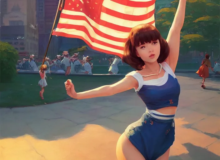 Image similar to gorgeous girl waving a China flag over her head running with Mandelbrot fractal enthusiastic crowd by Craig Mullins, ilya kuvshinov, krenz cushart, artgerm trending on artstation by Edward Hopper and Dan Mumford and WLOP and Rutkovsky, Unreal Engine 5, Lumen, Nanite