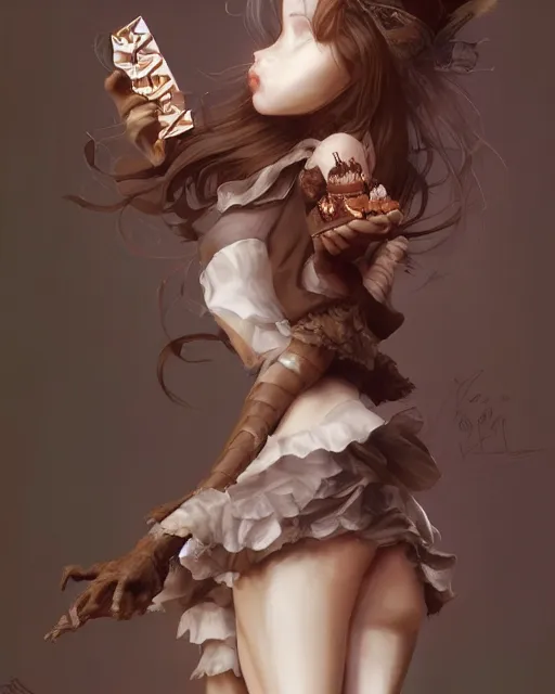 Image similar to a ( girl as personification of chocolate cupcake ), fantasy bakery, digital art by artgerm, krenz cushart, laurie greasly, wlop, ryohei hase, intricate, ( highly detailed figure ), sharp focus, smooth, epic composition, joyful, unreal engine