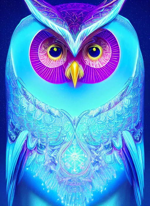 Image similar to symmetry!! product render poster vivid colors divine proportion owl, ice and snow, glowing fog intricate, elegant, highly detailed, digital painting, artstation, concept art, smooth, sharp focus, illustration,