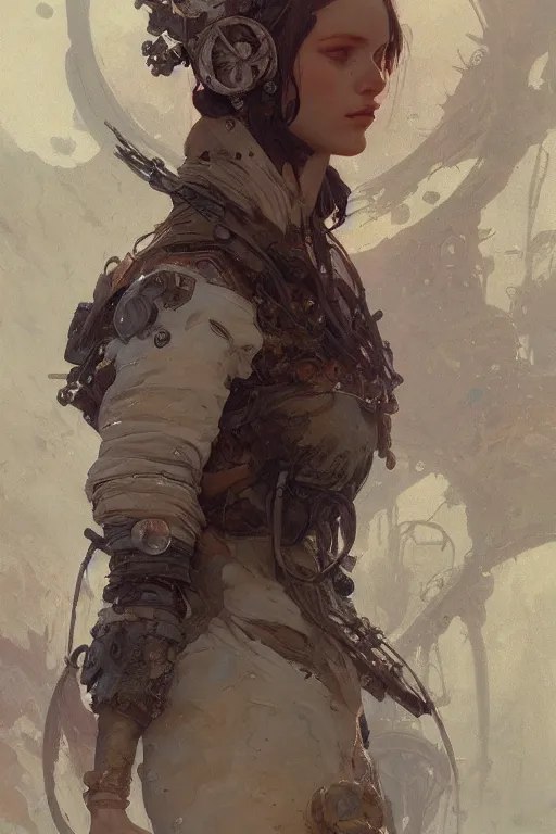 Image similar to A full portrait of a beautiful post apocalyptic offworld cryodreamer, intricate, elegant, highly detailed, digital painting, artstation, concept art, smooth, sharp focus, illustration, art by Krenz Cushart and Artem Demura and alphonse mucha